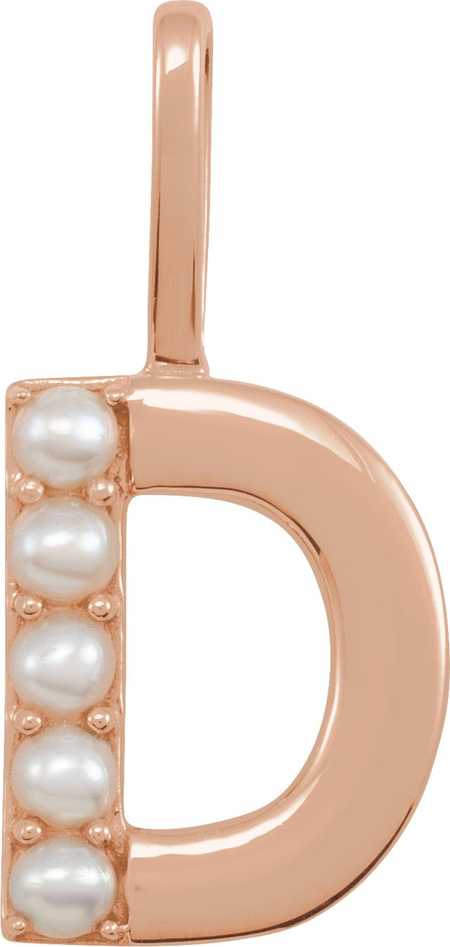 14K Gold Cultured White Freshwater Pearl Initial D Pearl Pendant - Rose Gold