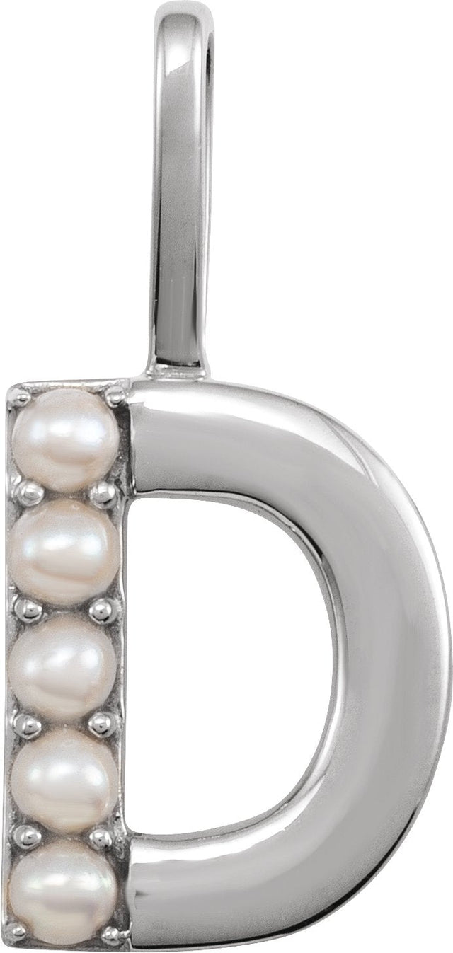 14K Gold Cultured White Freshwater Pearl Initial D Pearl Pendant - White Gold