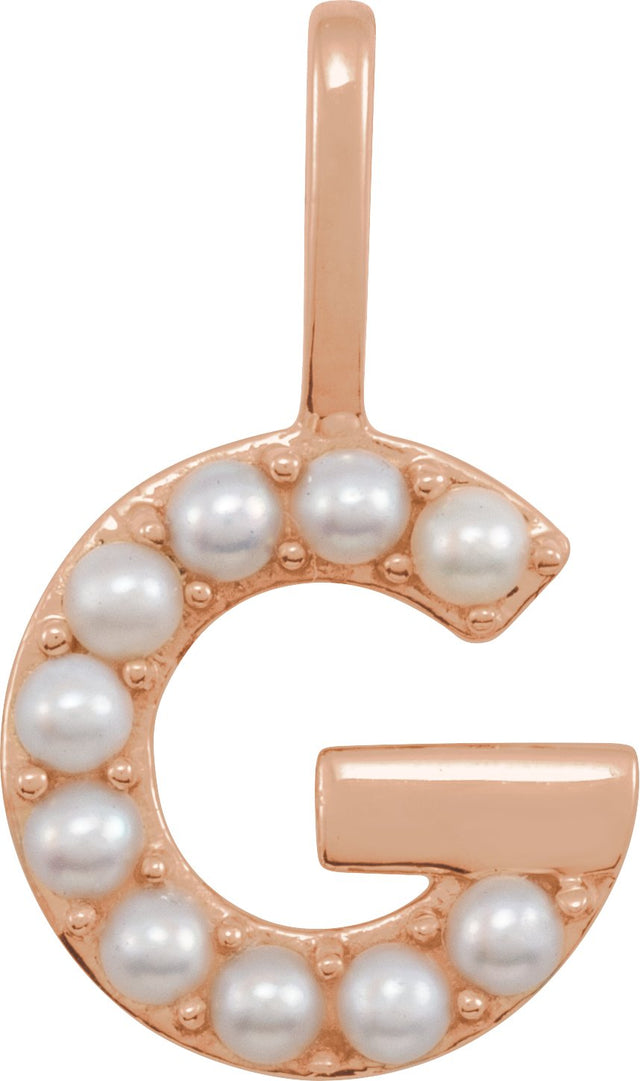 14K Gold Cultured White Freshwater Pearl Initial G Pearl Pendant - Rose Gold