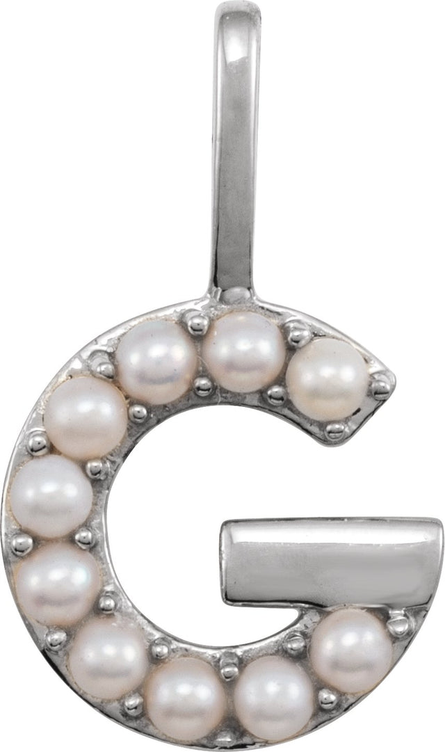 14K Gold Cultured White Freshwater Pearl Initial G Pearl Pendant - White Gold