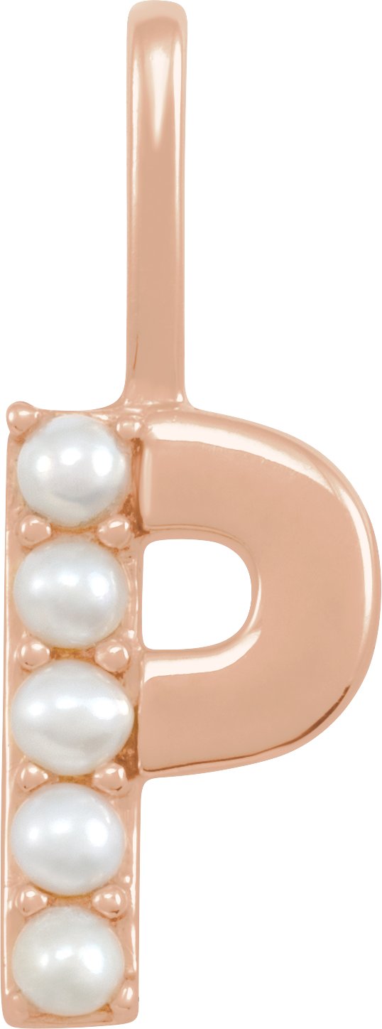 14K Gold Cultured White Freshwater Pearl Initial P Pearl Pendant - Rose Gold