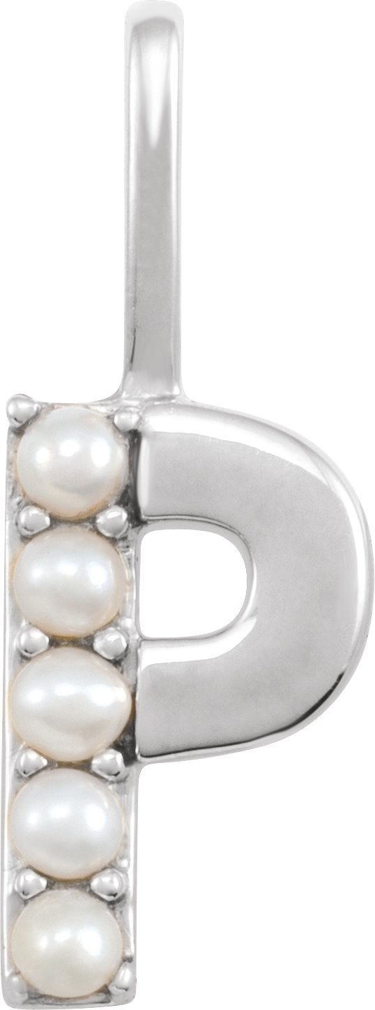 14K Gold Cultured White Freshwater Pearl Initial P Pearl Pendant - White Gold