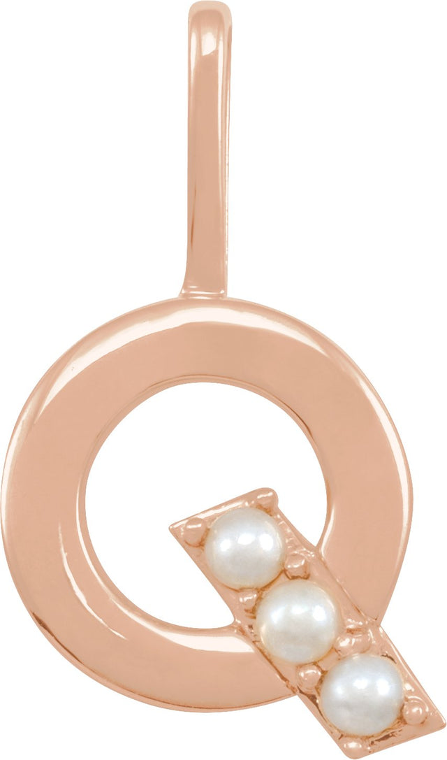 14K Gold Cultured White Freshwater Pearl Initial Q Pearl Pendant - Rose Gold