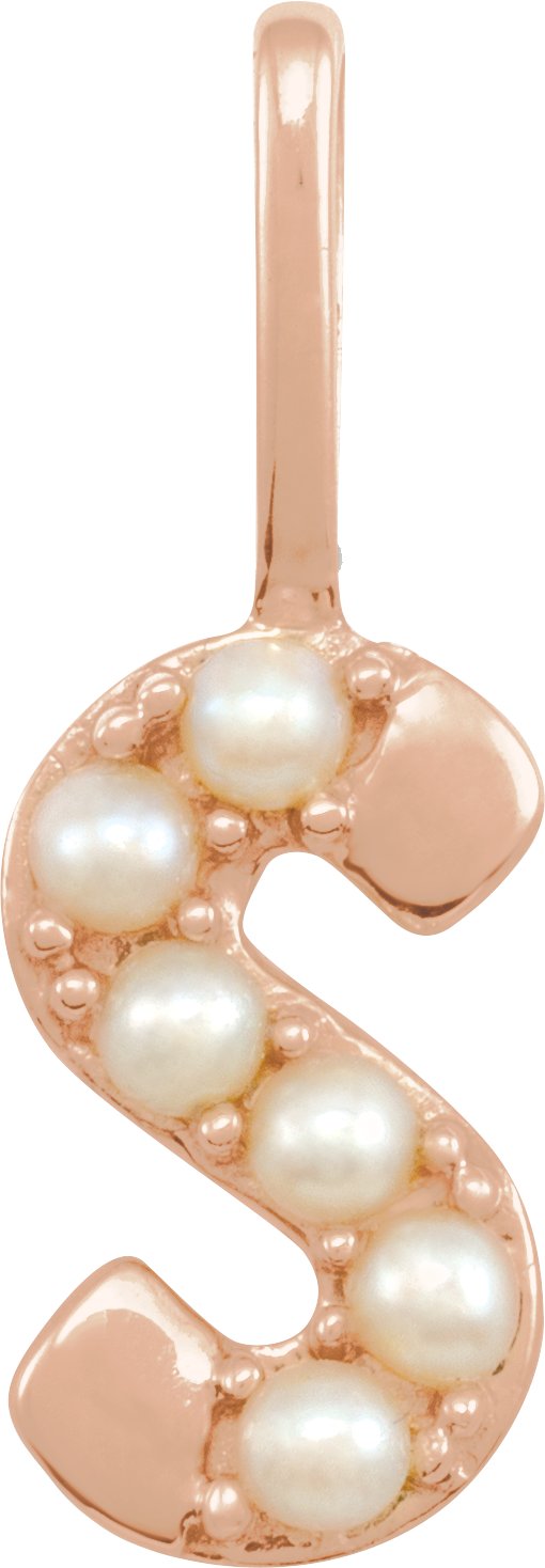 14K Gold Cultured White Freshwater Pearl Initial S Pearl Pendant - Rose Gold