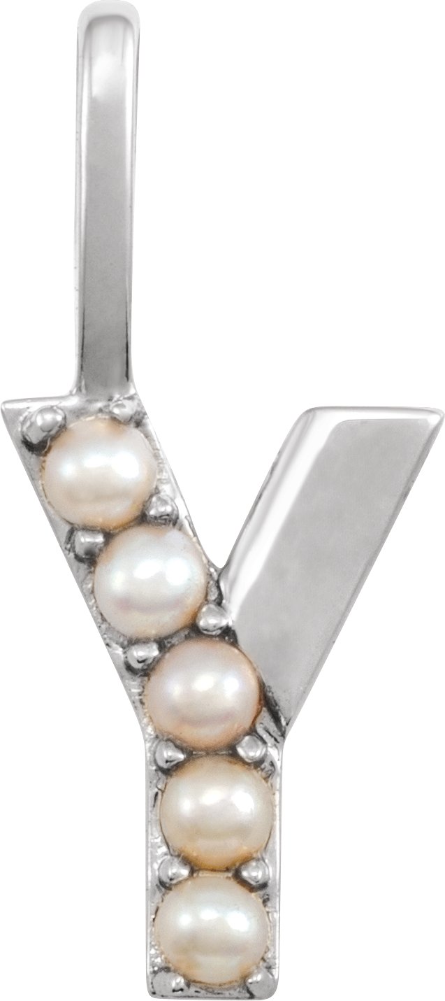 14K Gold Cultured White Freshwater Pearl Initial Y Pearl Pendant - White Gold