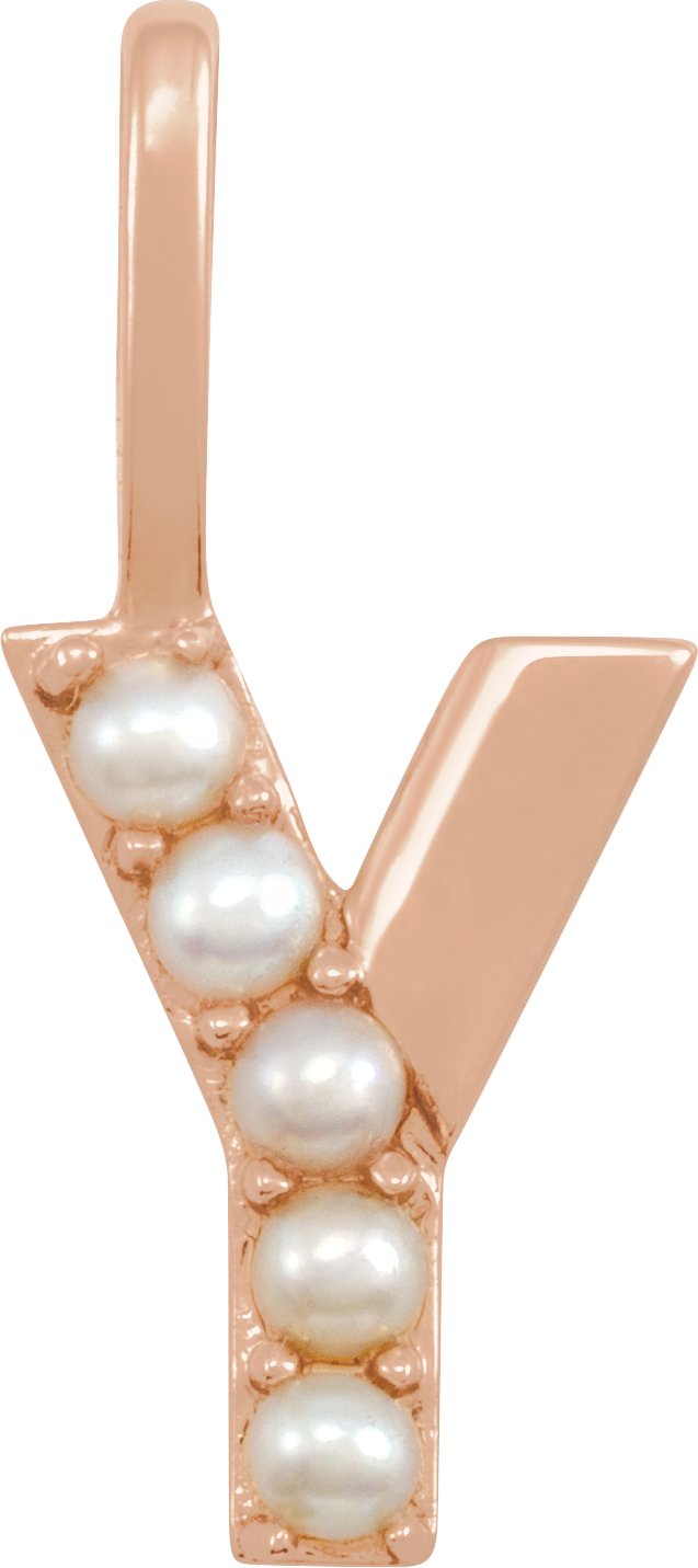 14K Gold Cultured White Freshwater Pearl Initial Y Pearl Pendant - Rose Gold