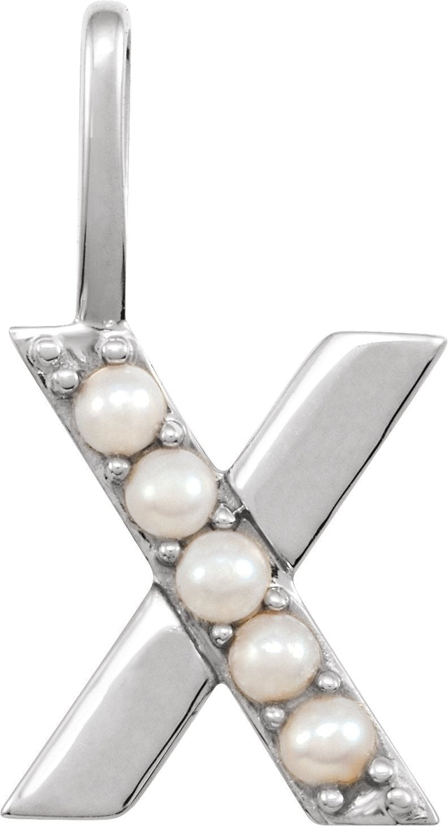 14K Gold Cultured White Freshwater Pearl Initial X Pearl Pendant - White Gold