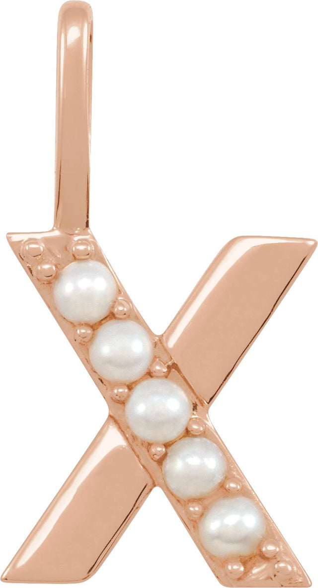 14K Gold Cultured White Freshwater Pearl Initial X Pearl Pendant - Rose Gold