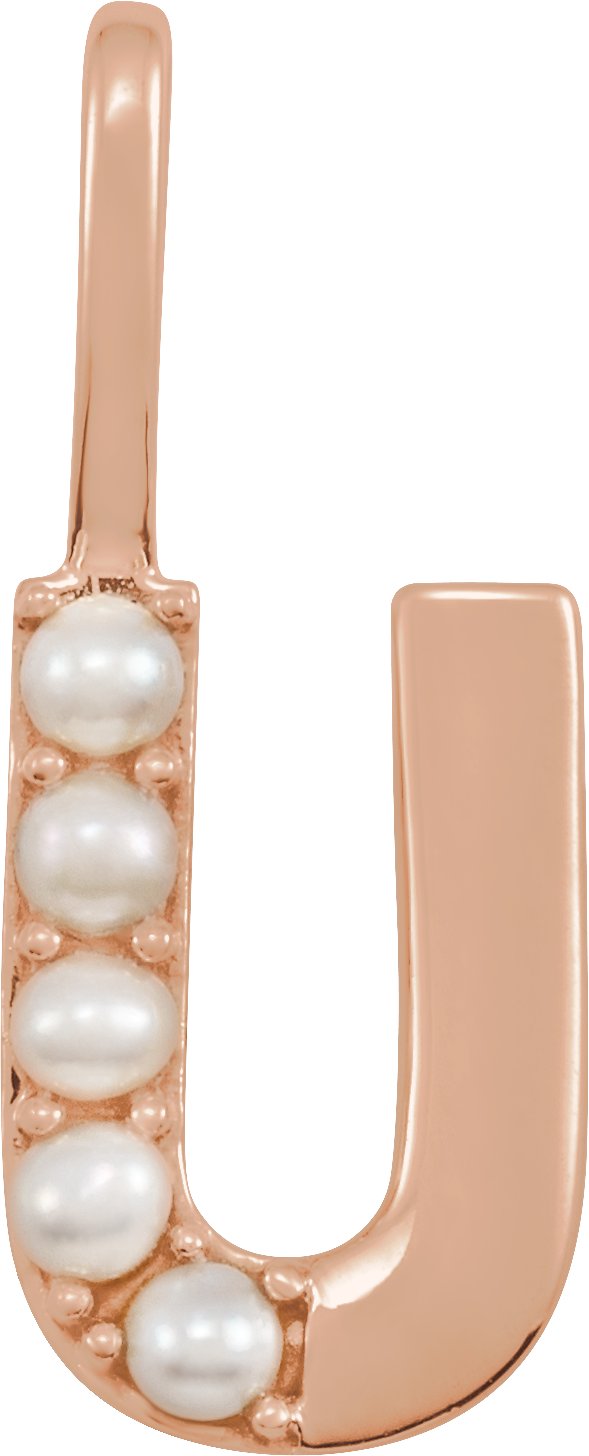 14K Gold Cultured White Freshwater Pearl Initial U Pearl Pendant - Rose Gold