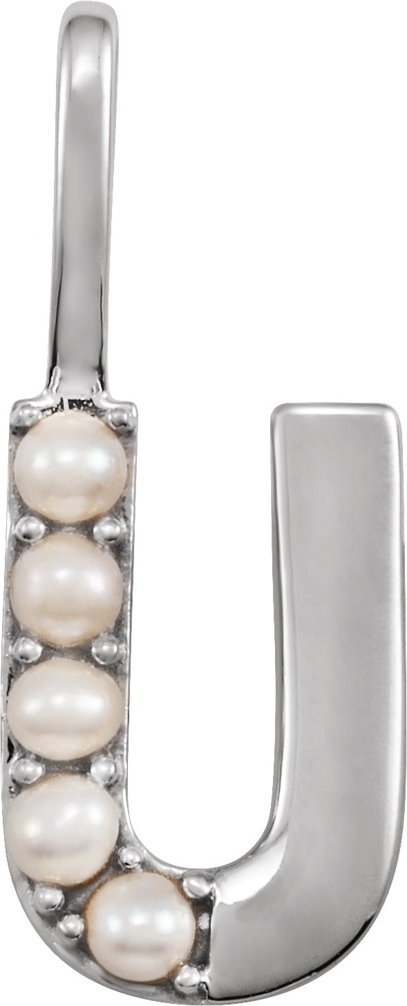 14K Gold Cultured White Freshwater Pearl Initial U Pearl Pendant - White Gold