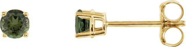 14K Gold Natural Green Tourmaline Round 4-Prong Lightweight Stud Earrings - Yellow Gold
