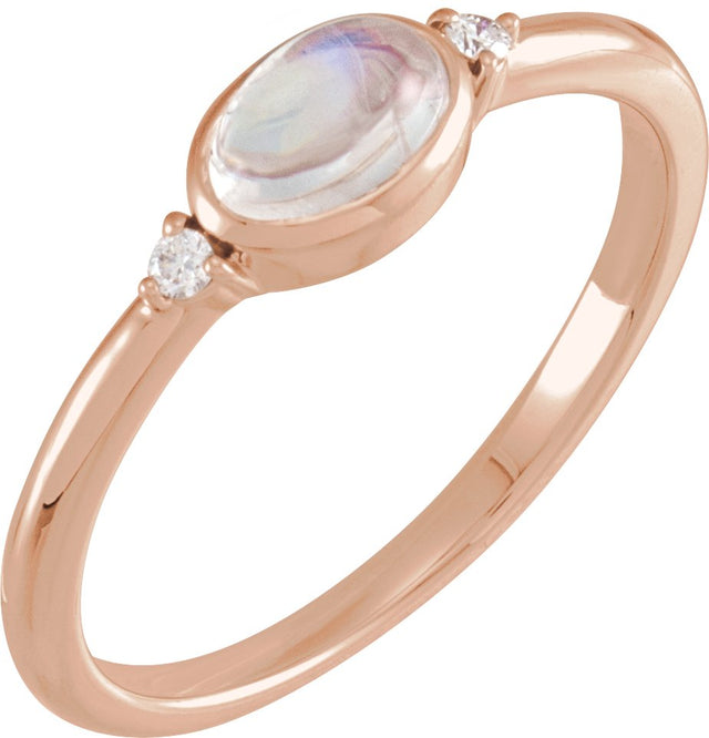 14K Gold Natural Rainbow Moonstone Bezel-Set Cabochon Ring – .03 CTW - Rose Gold