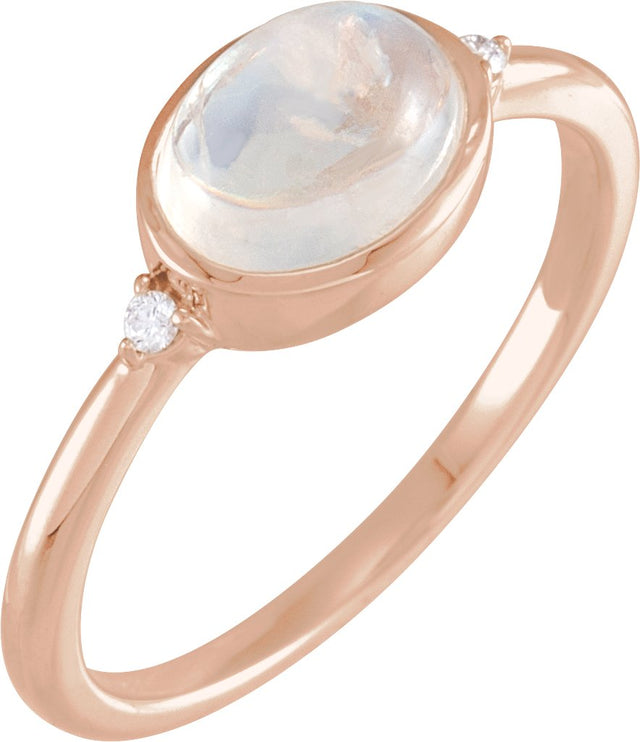 14K Gold Natural Rainbow Moonstone Bezel-Set Cabochon Ring – .03 CTW - Rose Gold