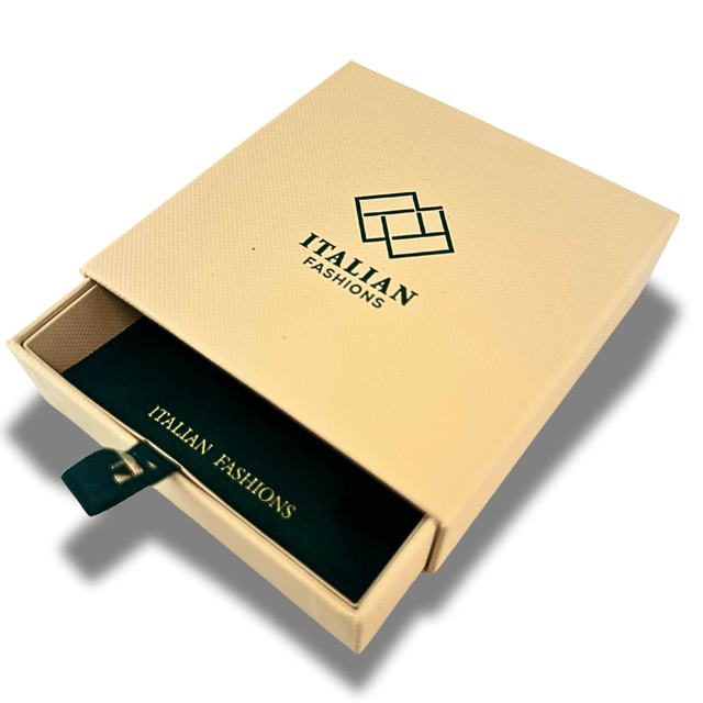 Italian Fashions jewelry box in beige color with a logo design, showcasing an elegant and luxurious packaging.