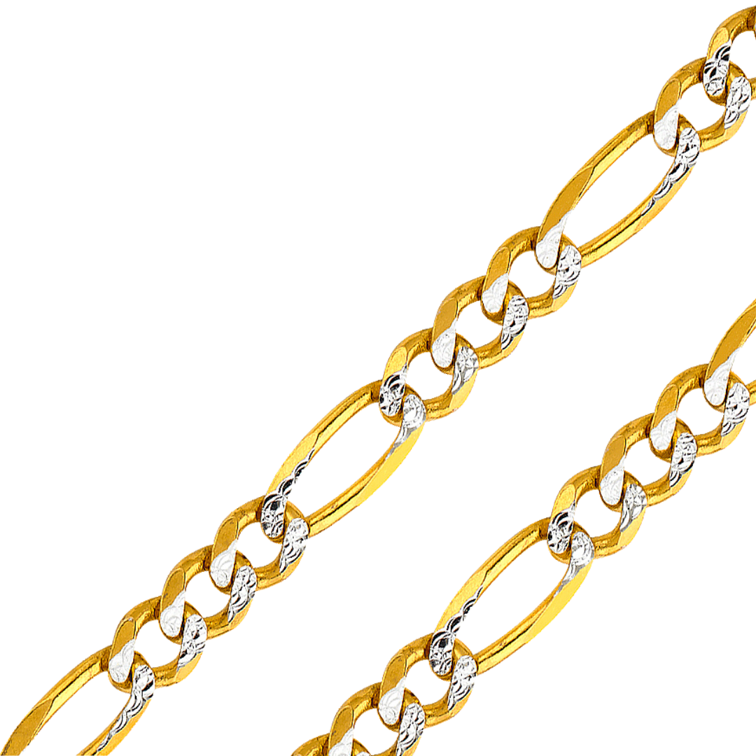 14K Real Solid Yellow Gold 1.80mm-11.30mm Figaro 3+1 Concave Regular White Pave Bracelet
