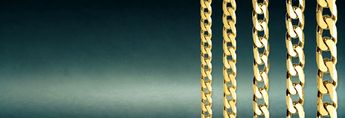 Yellow gold Cuban link chains on a dark teal background
