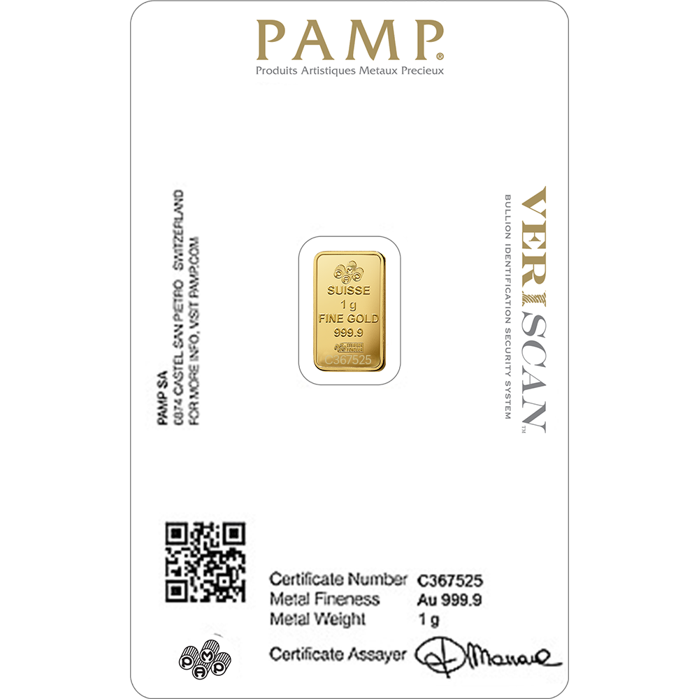 PAMP 24k Gold Suisse Lady Fortuna Gold 999.9 Minted Bar PAMP Veriscan