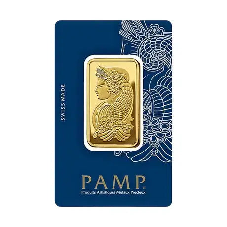 PAMP 24k 999.9 Lady Fortuna Veriscan Minted Bar Suisse on blue packaging with artistic designs.