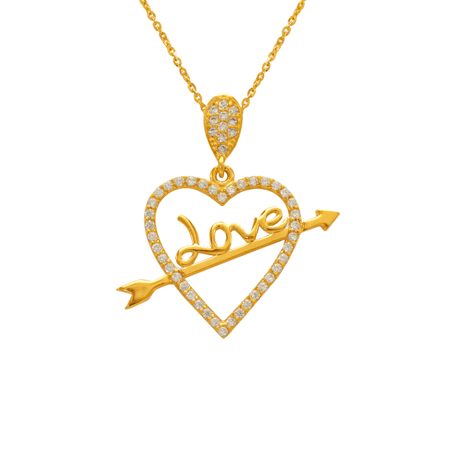 Coração extravagante em ouro amarelo 14K com pingente CZ de flecha do amor