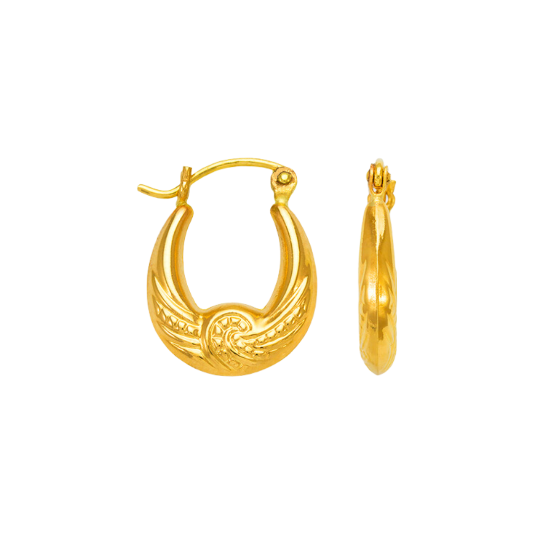 Aretes de aro con forma de camarón hueco en oro amarillo de 14 quilates