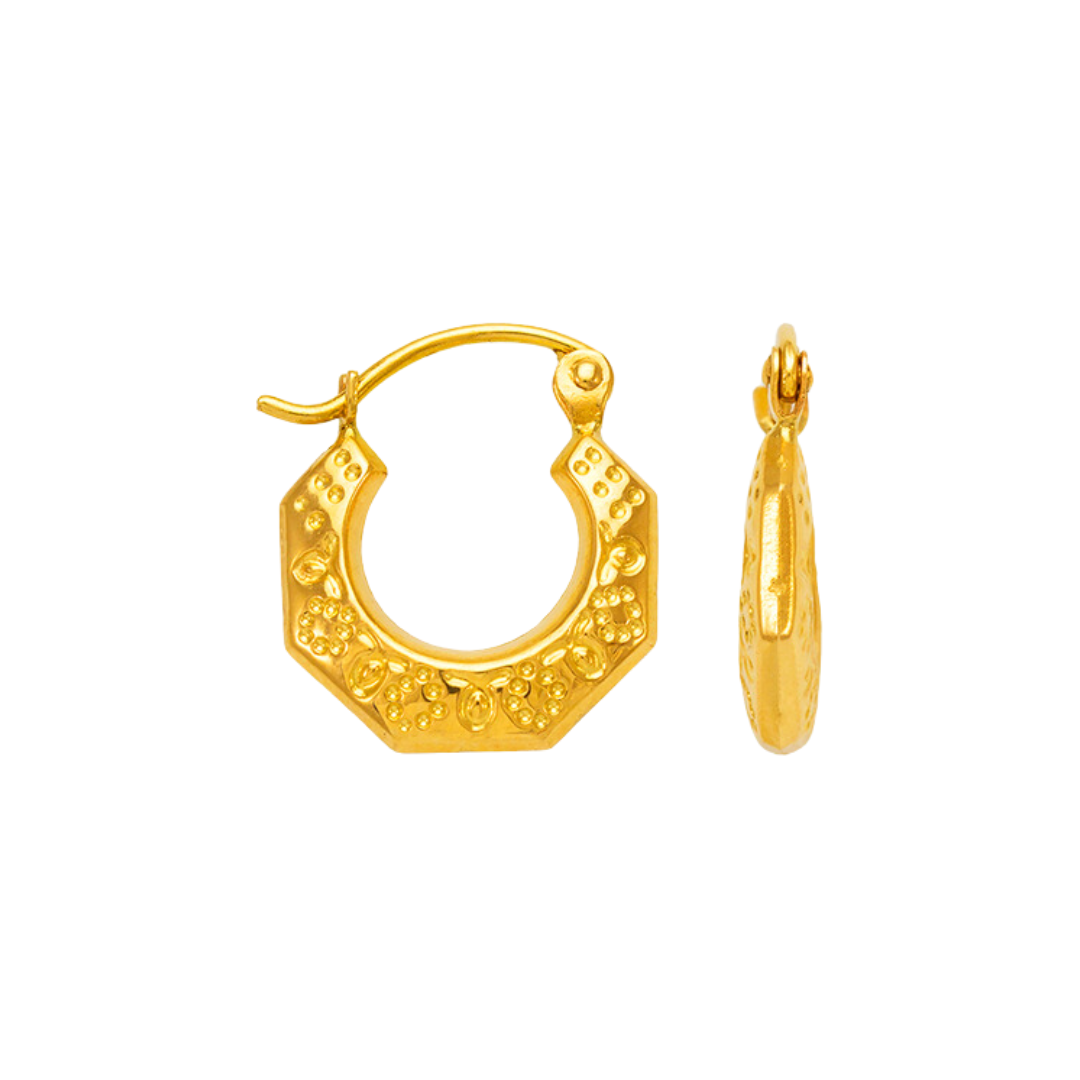 Aretes de aro con forma de camarón hueco en oro amarillo de 14 quilates