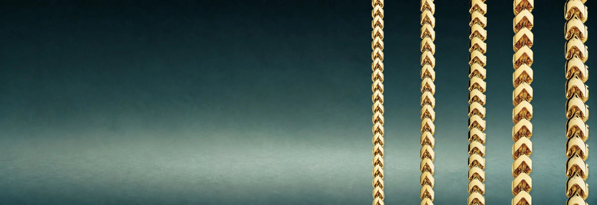 Yellow gold Franco chains on a teal background