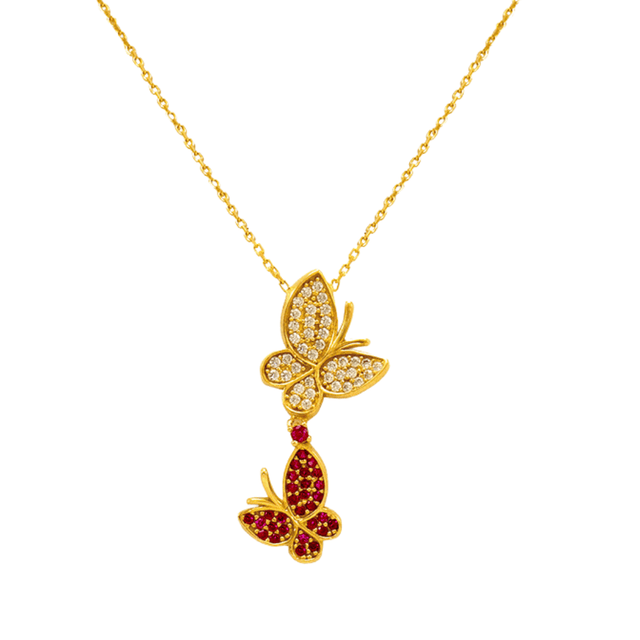 14K Fancy Yellow Gold Double Butterfly CZ Necklace featuring sparkling butterfly charms in yellow gold and CZ stones.