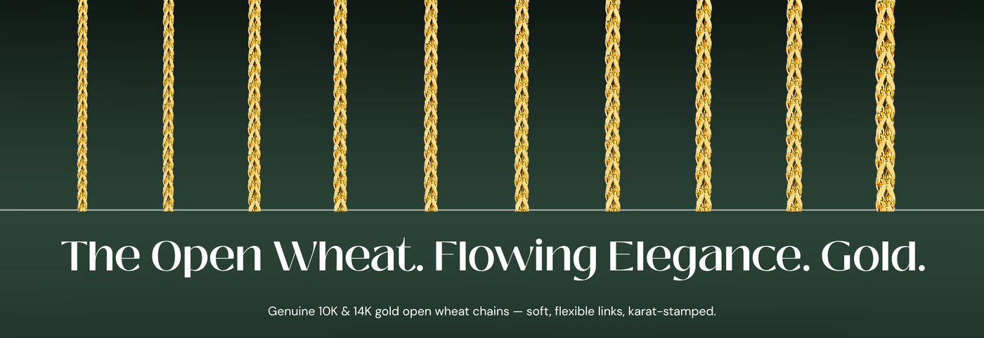 Italian gold open wheat chains with woven flexible links
