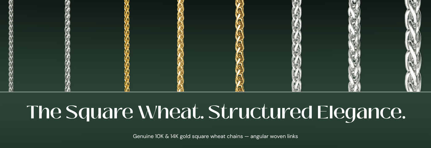Italian gold square wheat chains with angular links