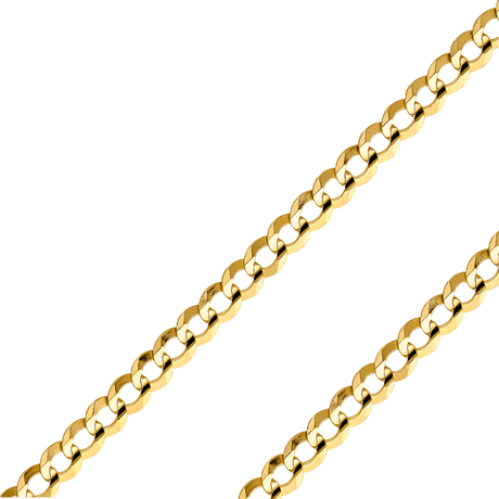 10K yellow gold curb link chain showing flat interlocking oval links lying smooth and uniform