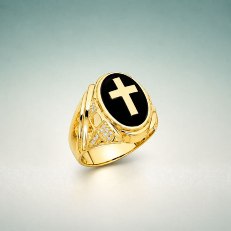 Men's yellow gold ring with black onyx cross