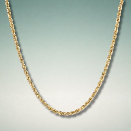 10K yellow gold rope chain showing twisted braided spiral links with warm gold shimmer