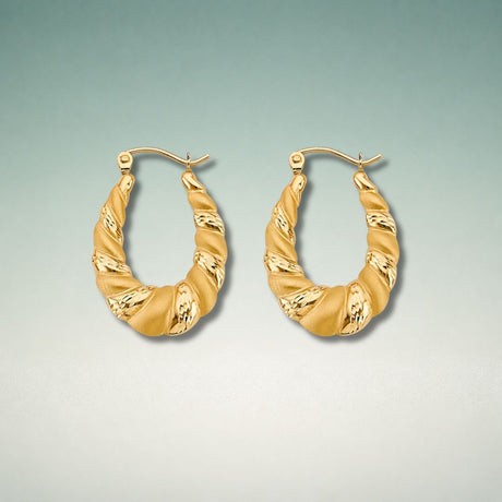 Italian 10K and 14K gold shrimp-style hoop earrings with a curved silhouette