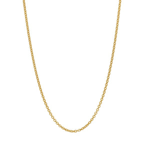 10k Italy Gold Chain: 0.75mm-1.25mm Diamond Cut Rolo Italian Gold Chain against a plain background.
