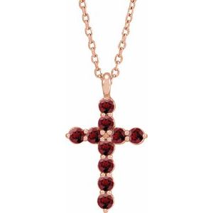 14K Gold Round Natural Mozambique Garnet Accented Cross Necklace or Pendant