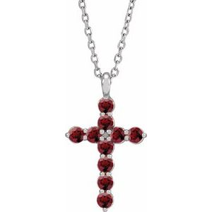 Platinum Round Natural Mozambique Garnet Accented Cross Necklace or Pendant