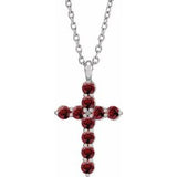14K Gold Round Natural Mozambique Garnet Accented Cross Necklace or Pendant