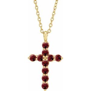 14K Gold Round Natural Mozambique Garnet Accented Cross Necklace or Pendant