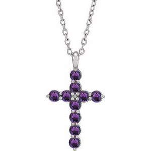 Platinum Round Natural Amethyst Accented Cross Necklace or Pendant