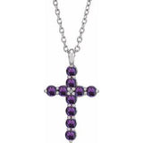 14K Gold Round Natural Amethyst Accented Cross Necklace or Pendant