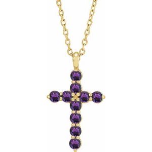 14K Gold Round Natural Amethyst Accented Cross Necklace or Pendant