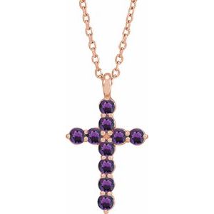 14K Gold Round Natural Amethyst Accented Cross Necklace or Pendant