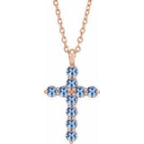 14K Gold Round Natural Aquamarine Accented Cross Necklace or Pendant