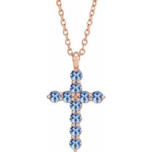 14K Gold Round Natural Aquamarine Accented Cross Necklace or Pendant