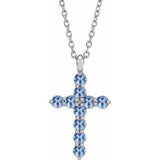 14K Gold Round Natural Aquamarine Accented Cross Necklace or Pendant