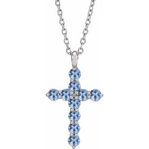 14K Gold Round Natural Aquamarine Accented Cross Necklace or Pendant