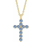 14K Gold Round Natural Aquamarine Accented Cross Necklace or Pendant
