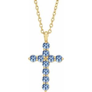14K Gold Round Natural Aquamarine Accented Cross Necklace or Pendant