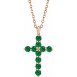 14K Gold Round Lab-Grown Emerald Accented Cross Necklace or Pendant