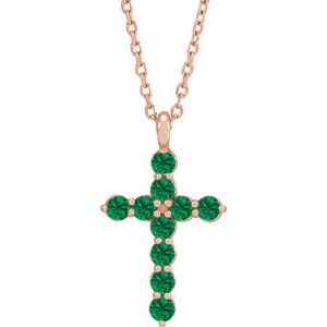 14K Gold Round Lab-Grown Emerald Accented Cross Necklace or Pendant